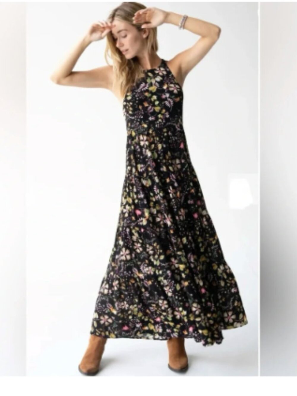 Natural Life Halle Midnight Floral Tiered Skirt Halter Neck Maxi Dress Small
